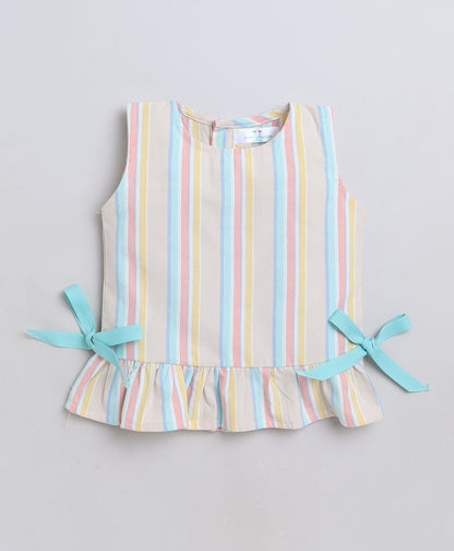 Knitting Doodles Premium Cotton Girls' Stripes Coordset with Pants and top with Cute Ribbon detailing- Multi