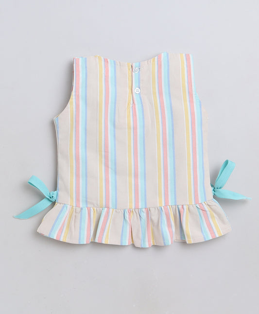 Knitting Doodles Premium Cotton Girls' Stripes Coordset with Pants and top with Cute Ribbon detailing- Multi