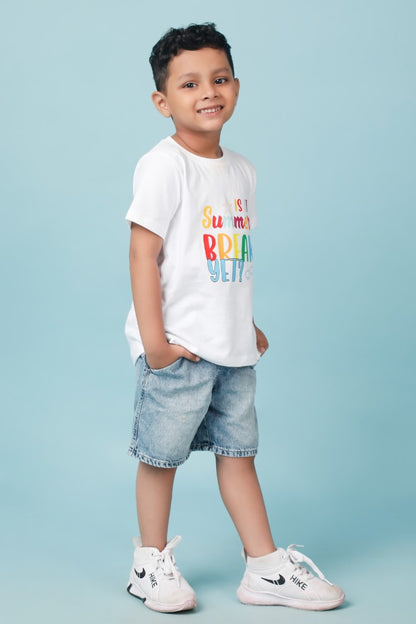 Knitting Doodles Pure cotton Boys' White t-shirt with Sumer Vibes print- White