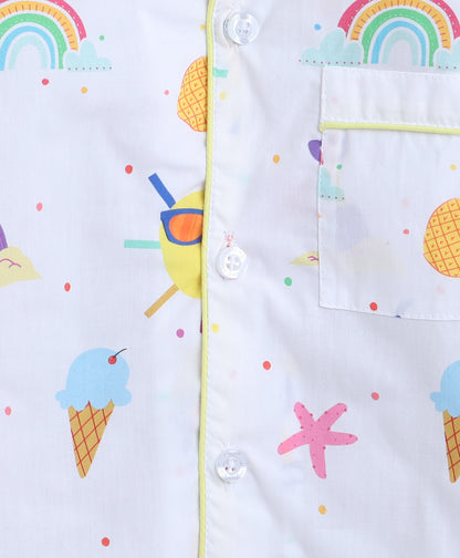 Knitting Doodles Premium cotton Kids' Notched Collar Night suit in fun summer Print- White