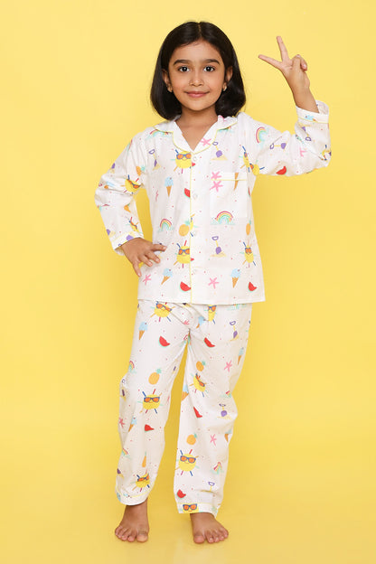 Knitting Doodles Premium cotton Kids' Notched Collar Night suit in fun summer Print- White