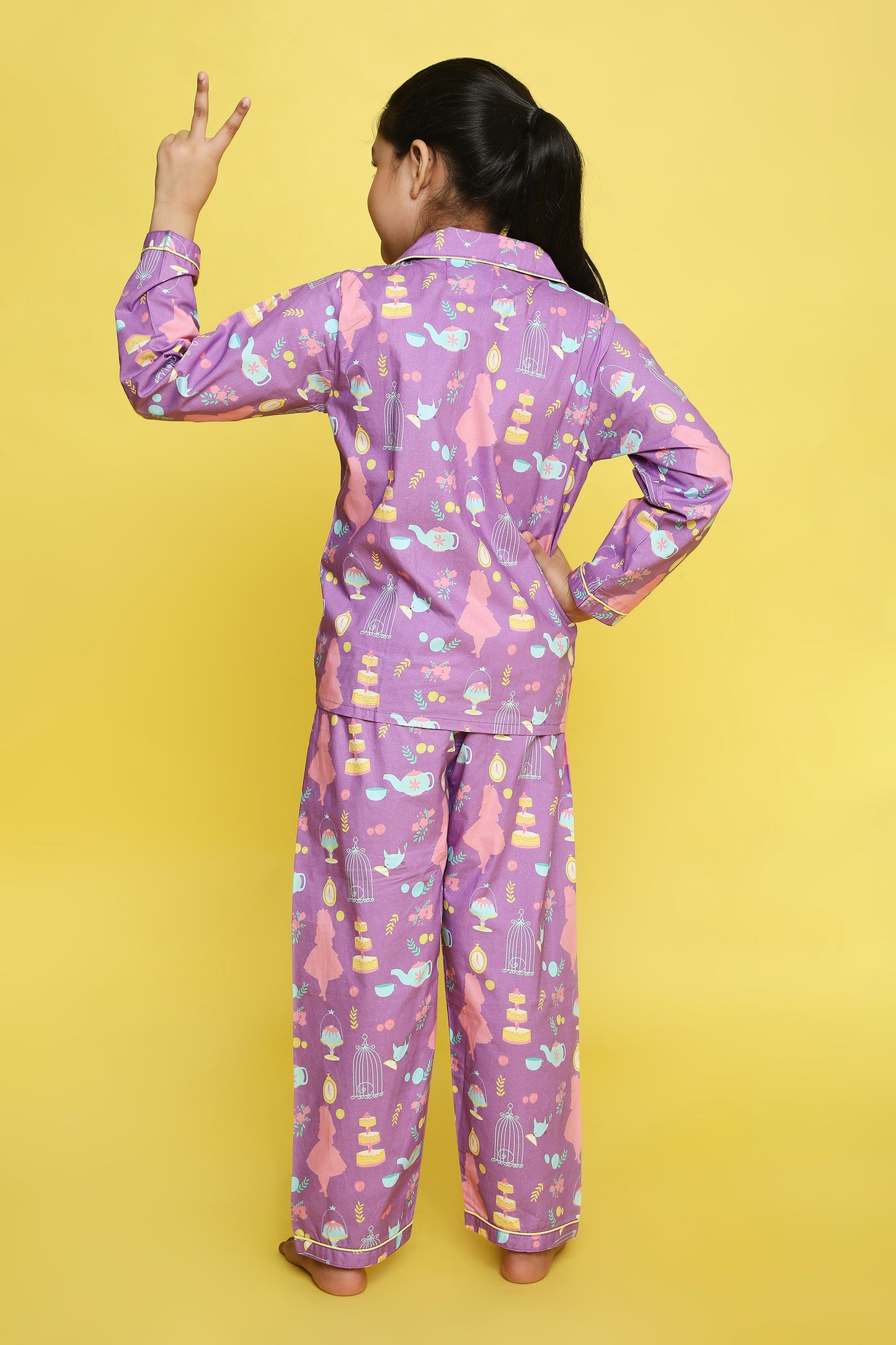 Tea Party Print Night Suit- Purple