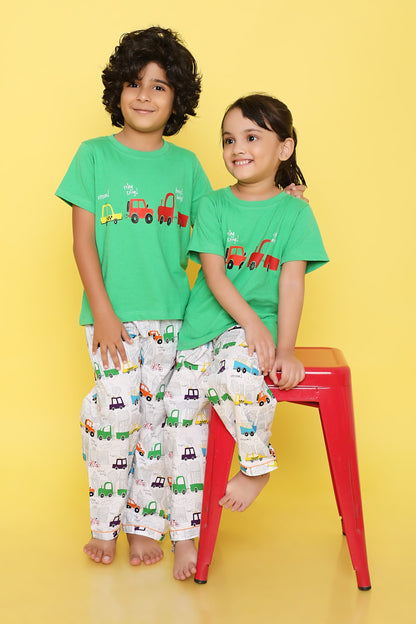 Knitting Doodles Premium Cotton Kids' Night suit with Cars print t-shirt and Pyjama- Green and White
