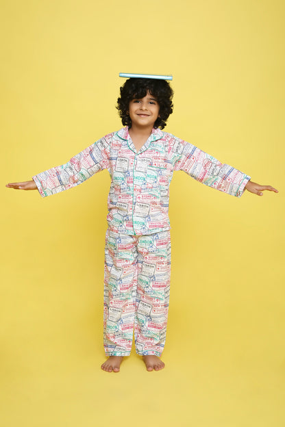 Travel stamps Print Night Suit- White