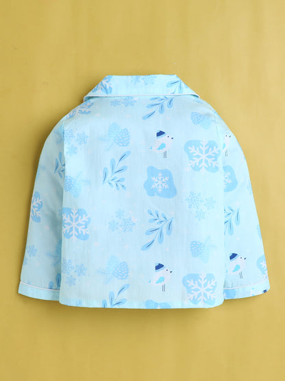 Snowflakes Print Nightsuit- Light Blue