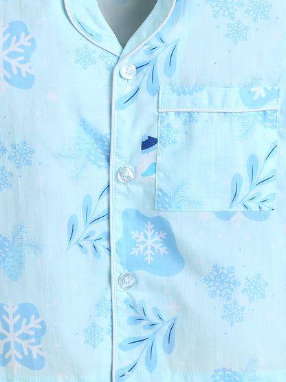 Snowflakes Print Nightsuit- Light Blue