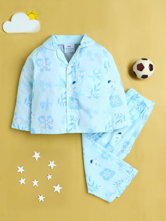 Snowflakes Print Nightsuit- Light Blue