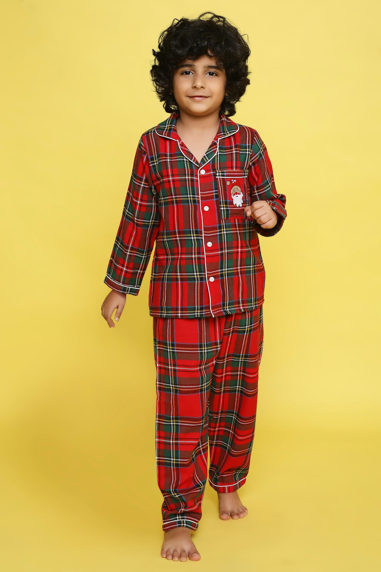 Red, White and Green checks Night Suit with cute Santa clause embroidery on the pocket