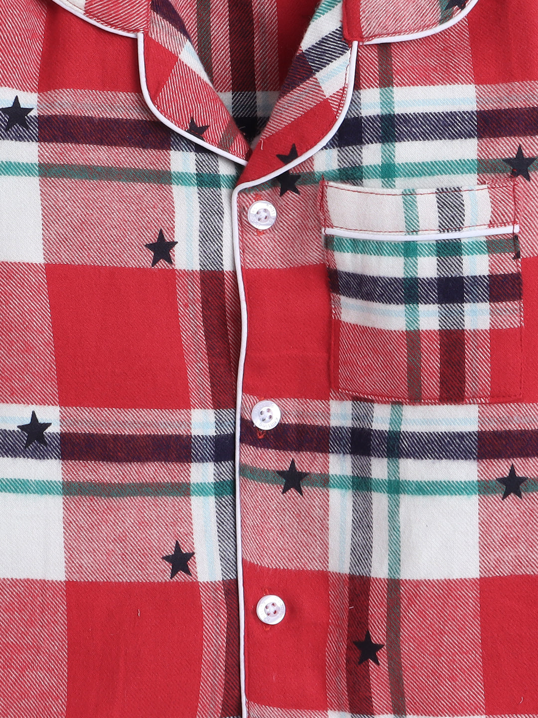 Red, White and Green Checks Night Suit with Star print all over