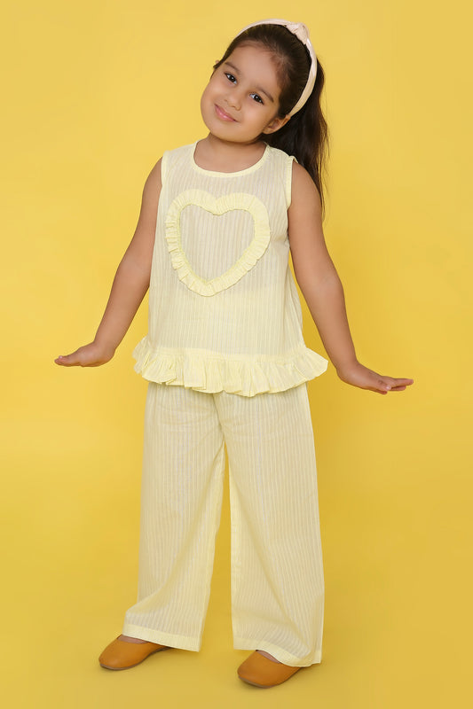 Yellow Coord set with heart detailing on the Top and Pleated Pants