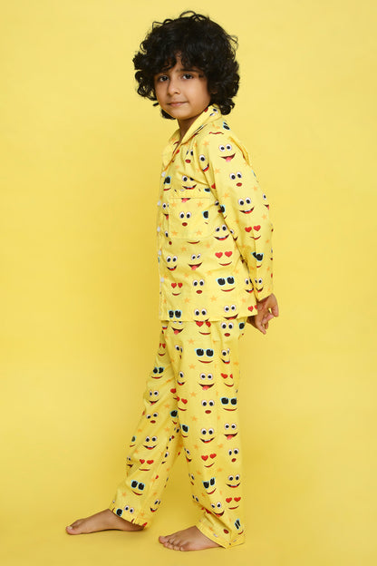 Emoji Print Night Suit- Yellow