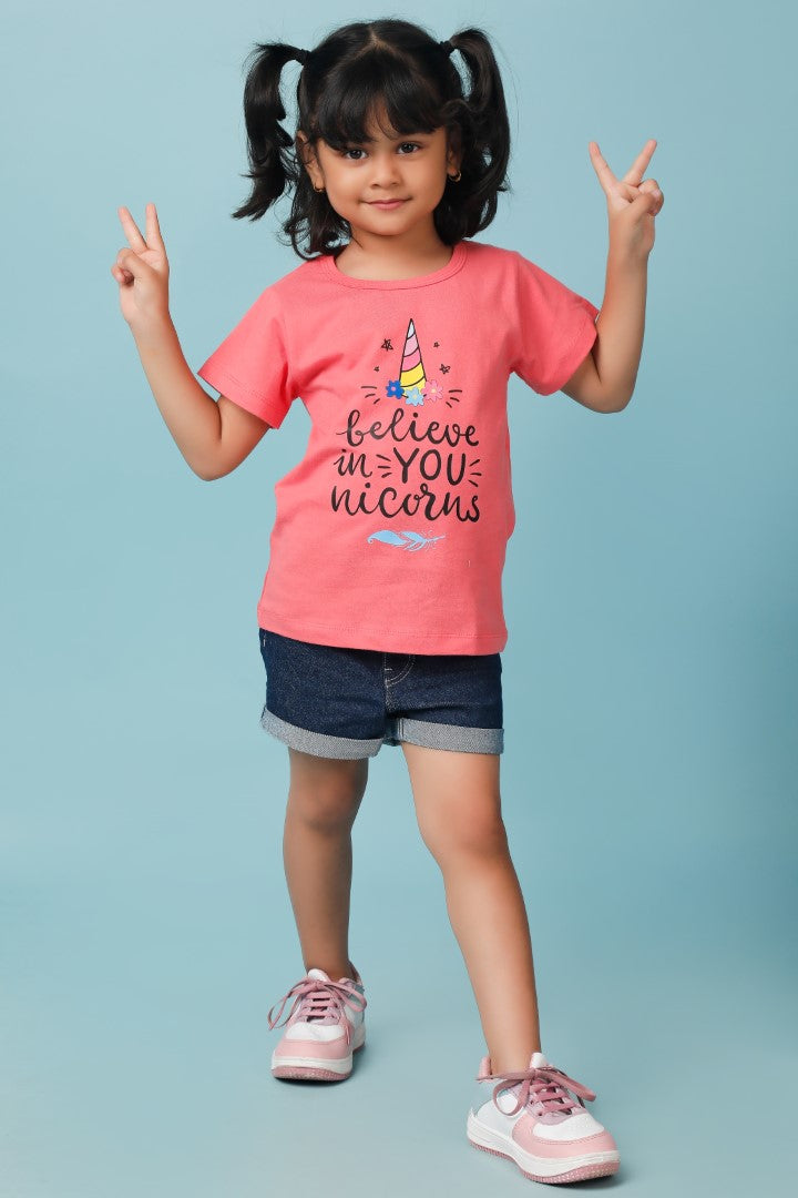 Knitting Doodles Pure cotton Girls' Pink t-shirt with Cute Believe in ' You'nicorn print- Pink