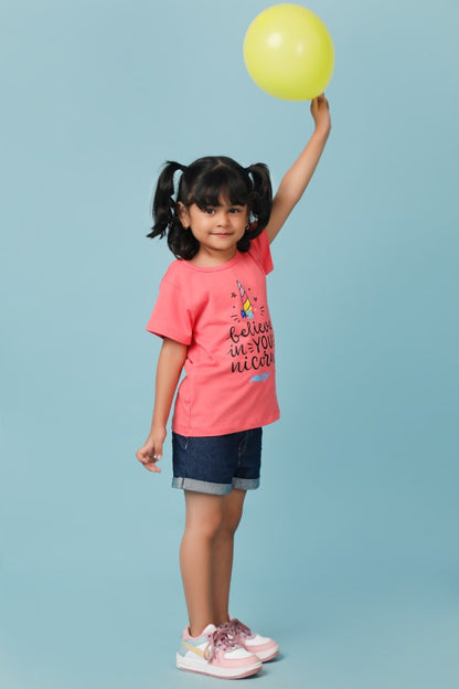 Knitting Doodles Pure cotton Girls' Pink t-shirt with Cute Believe in ' You'nicorn print- Pink