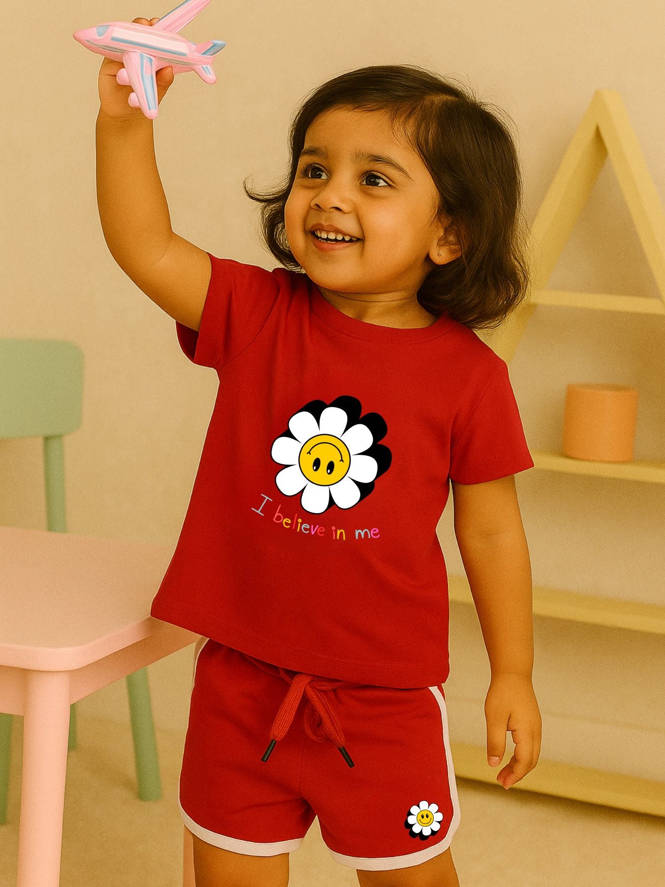 Girls' Cotton Playday Shorts Set with Cute Print- Red