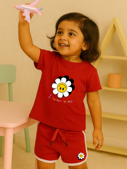 Girls' Cotton Playday Shorts Set with Cute Print- Red