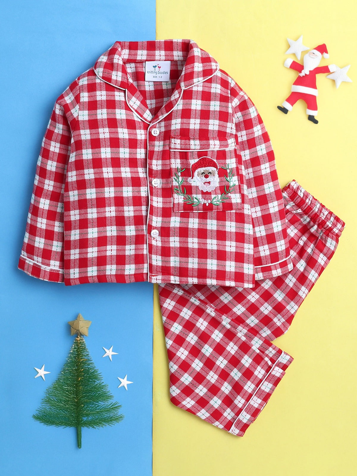 Red and White Cotton Twill Plaid Nightsuit with Cute Santa Claus Embroidery on Pocket