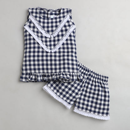 Knitting Doodles Coord Set- Shirt with Lace and Shorts- Dark Blue/White