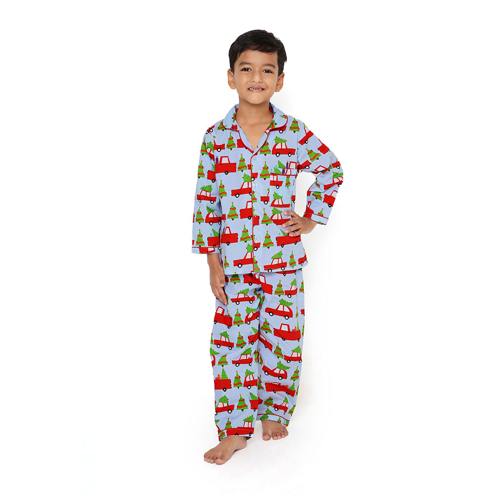 Christmas theme Cars Print Nightsuit Light Blue Knitting Doodles Best Kids Wear Store in Mumbai