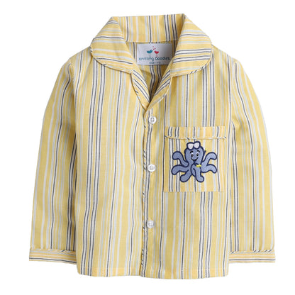 Yellow And Blue Stripes Night Suit With Octopus Embroidery On Pocket