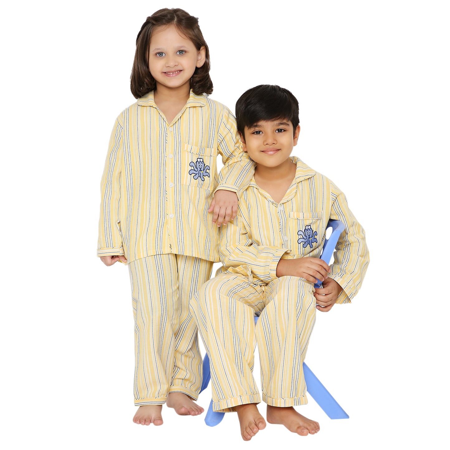 Yellow And Blue Stripes Night Suit With Octopus Embroidery On Pocket