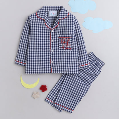 Knitting Doodles Pure Cotton Kid's Checks Nightsuit With Cute Love Mama Embroidery On Pocket- Blue And white