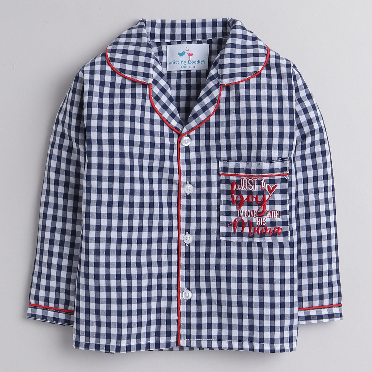 Blue Checks Night suit with Boy In love with Mama Embroidery On Pocket