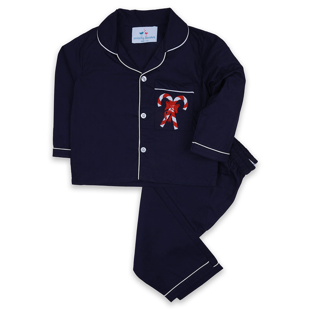 Darkblue Poplin Night Suit With Candycane Embroidery On Pocket