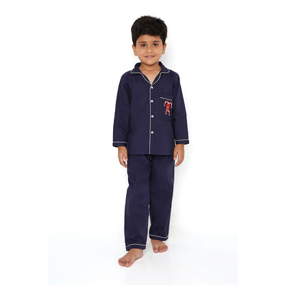 Darkblue Poplin Night Suit With Candycane Embroidery On Pocket
