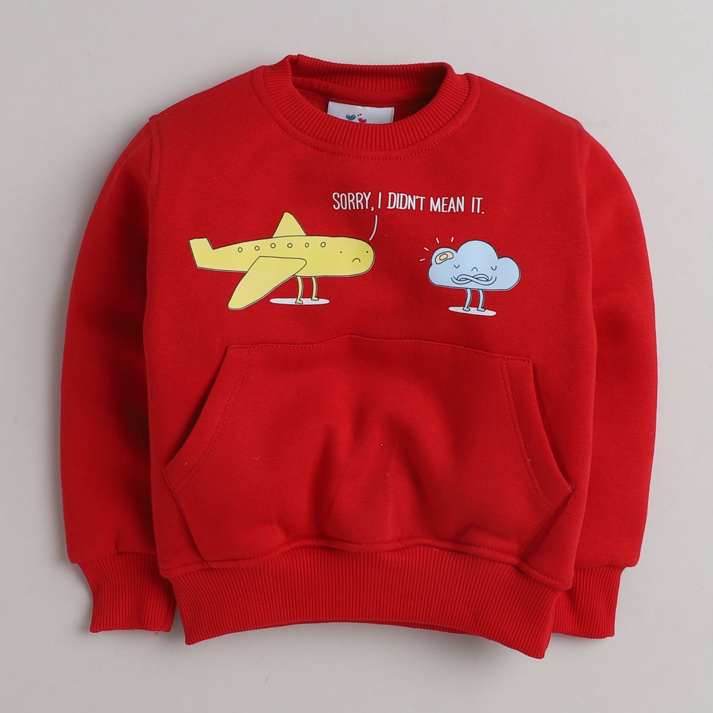 Knitting Doodles Fleece Kid's Red Round Neck Cloud and Aeroplane Print Jogger Set-Red