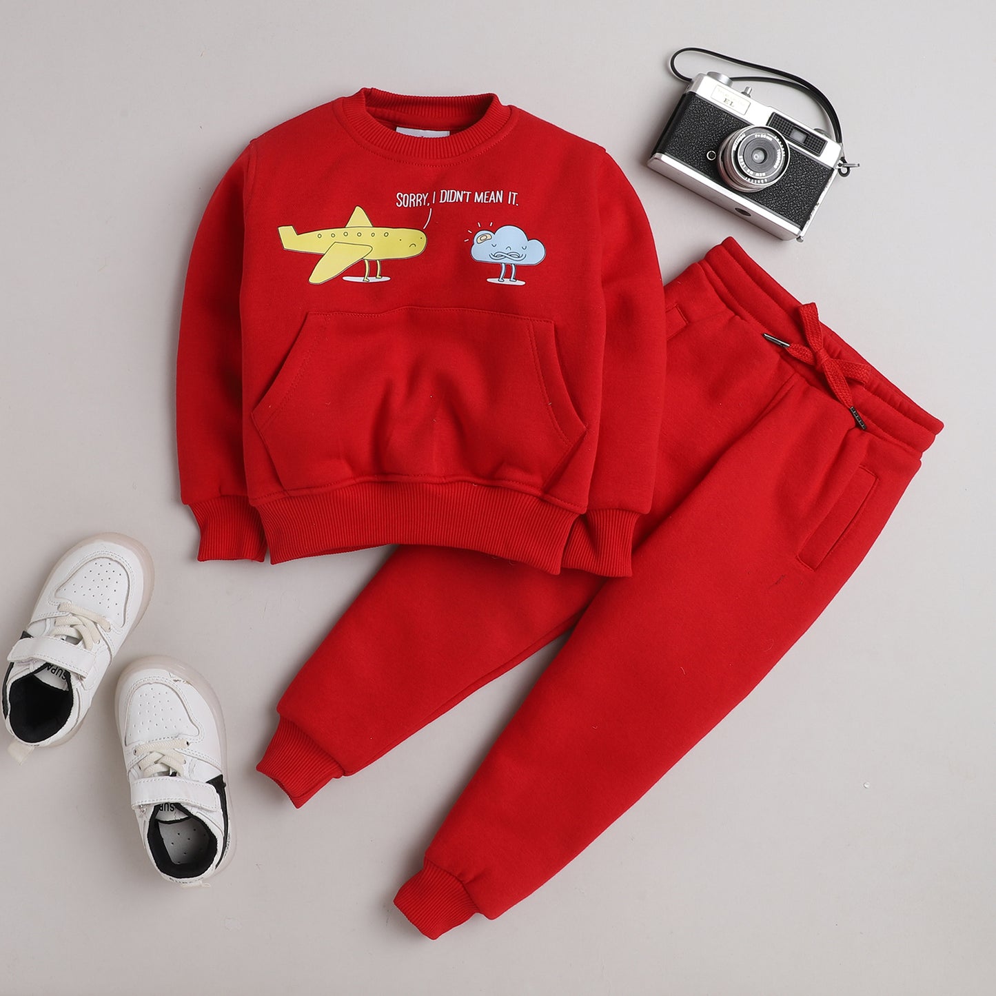 Knitting Doodles Fleece Kid's Red Round Neck Cloud and Aeroplane Print Jogger Set-Red