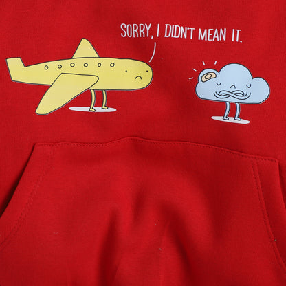 Knitting Doodles Fleece Kid's Red Round Neck Cloud And Aeroplane Print Sweatshirt With Front Pocket- Red