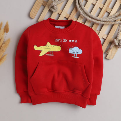 Knitting Doodles Fleece Kid's Red Round Neck Cloud And Aeroplane Print Sweatshirt With Front Pocket- Red