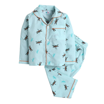 Knitting Doodles Dragonfly Print Night Suit- Blue