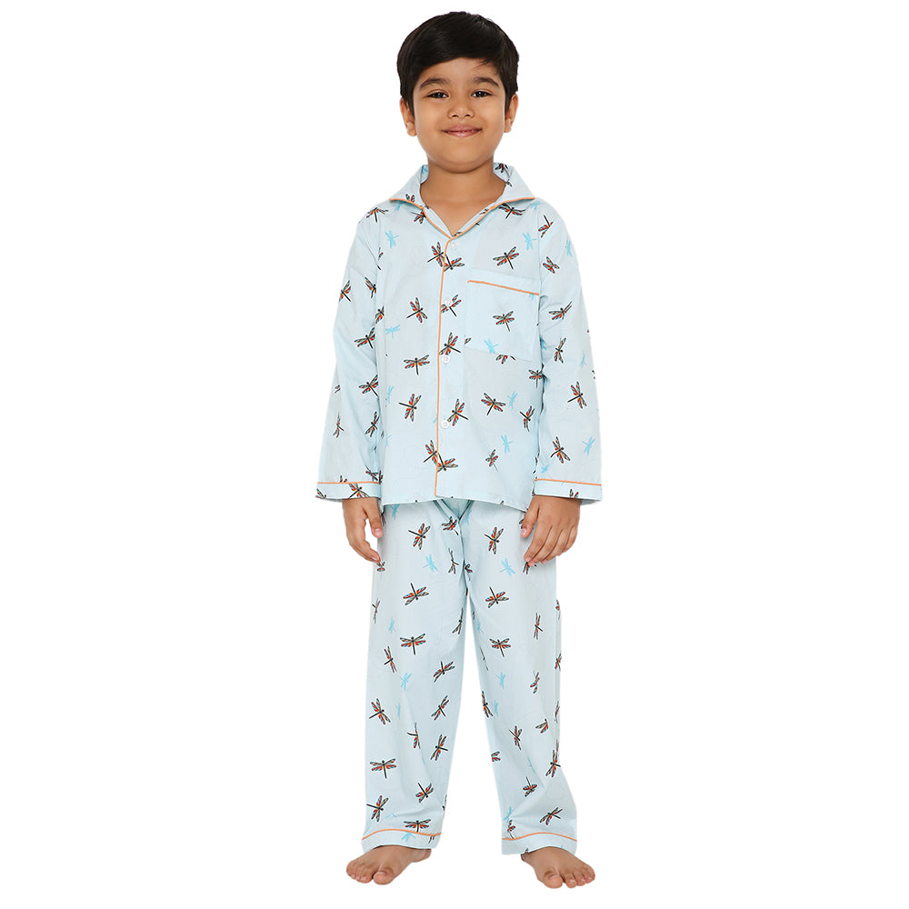 Knitting Doodles Dragonfly Print Night Suit- Blue