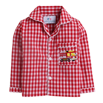 Red And White Checks Night Suit With Cute Fire Brigade Embroidery On Pocket