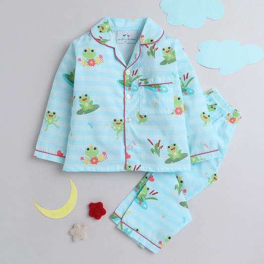 Knitting Doodles Pure Cotton Kid's Frogs Print Nightsuit- Light Blue