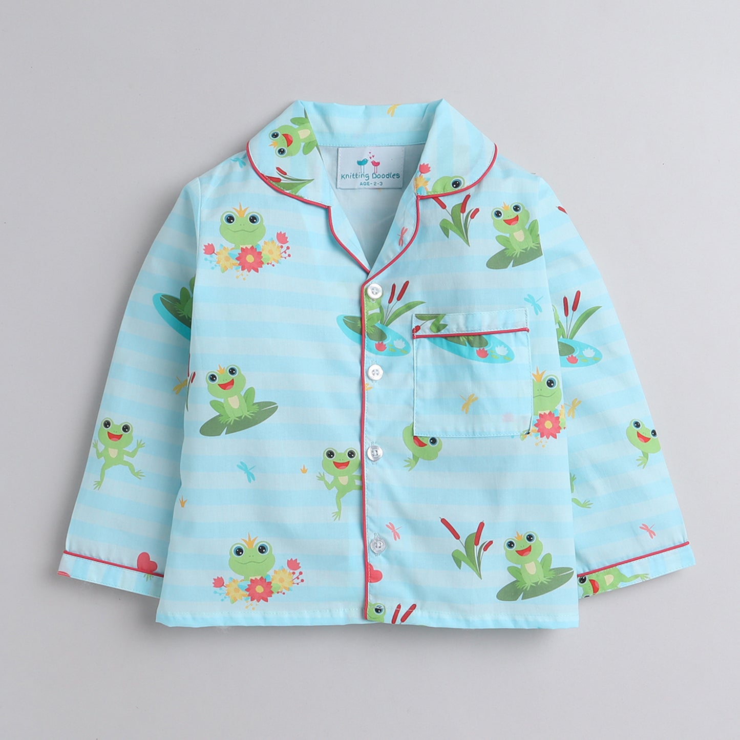 Knitting Doodles Pure Cotton Kid's Frogs Print Nightsuit- Light Blue
