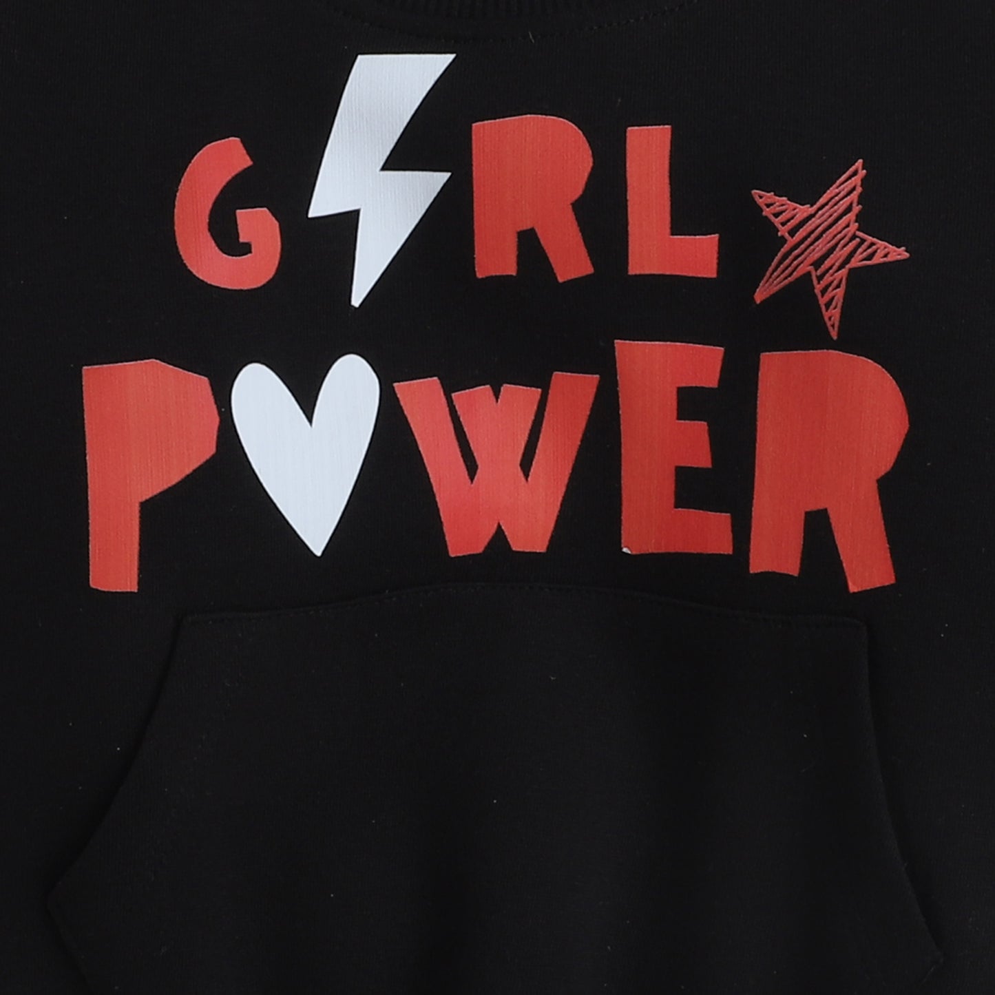 Knitting Doodles Fleece Girl's Black Round Neck Girl Power Print Sweatshirt With Front Pocket- Black
