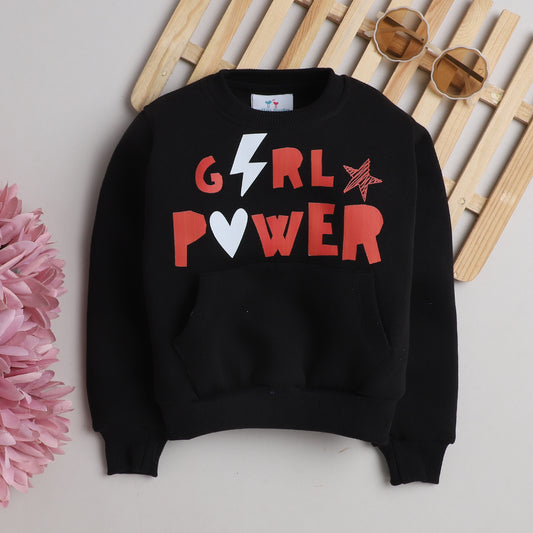 Knitting Doodles Fleece Girl's Black Round Neck Girl Power Print Sweatshirt With Front Pocket- Black