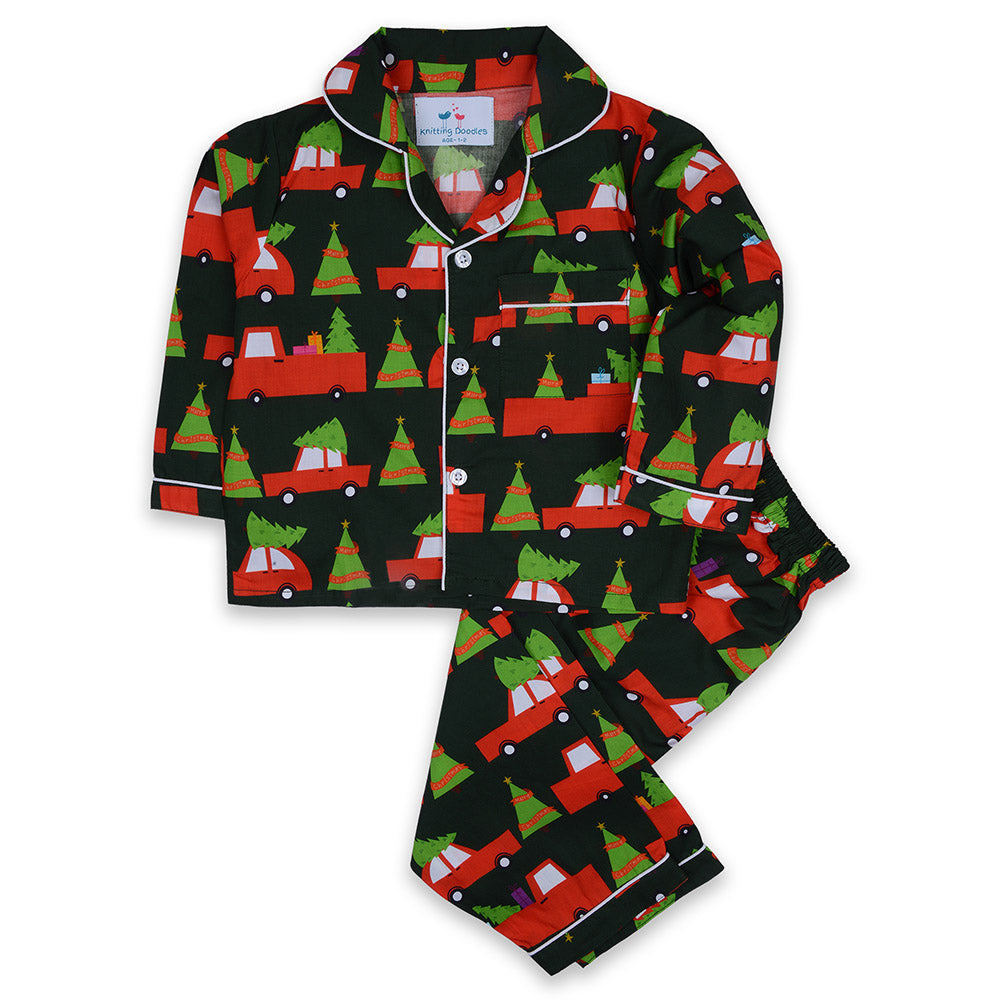 Green Christmas Theme Cars Print Night Suit