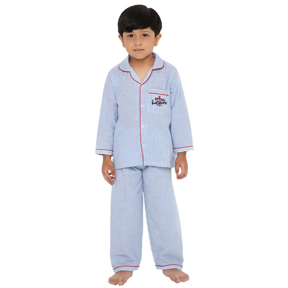 Knitting Doodles Stripes Night Suit With Cute Little Heartbreaker Embroidery On Pocket- Light Blue