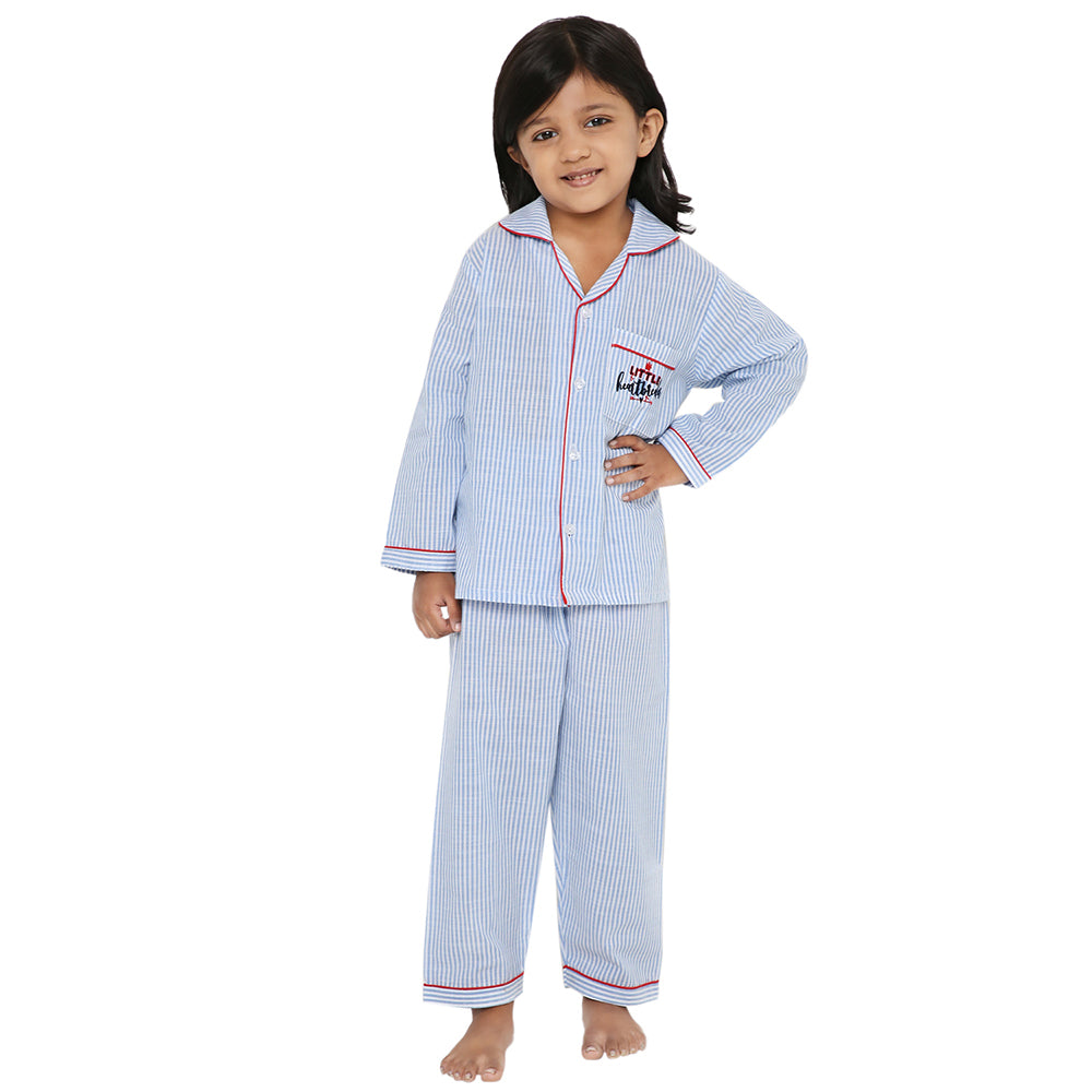 Knitting Doodles Stripes Night Suit With Cute Little Heartbreaker Embroidery On Pocket- Light Blue