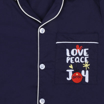 Darkblue Poplin Night Suit with Love Peace Joy Embroidery On Pocket