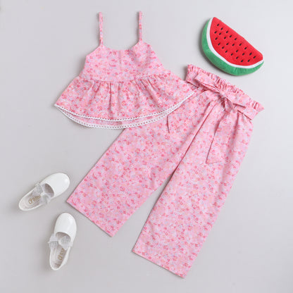 Knitting Doodles Pure Cotton Girls' Pink Floral Printed Coord Set With Pants-  Pink