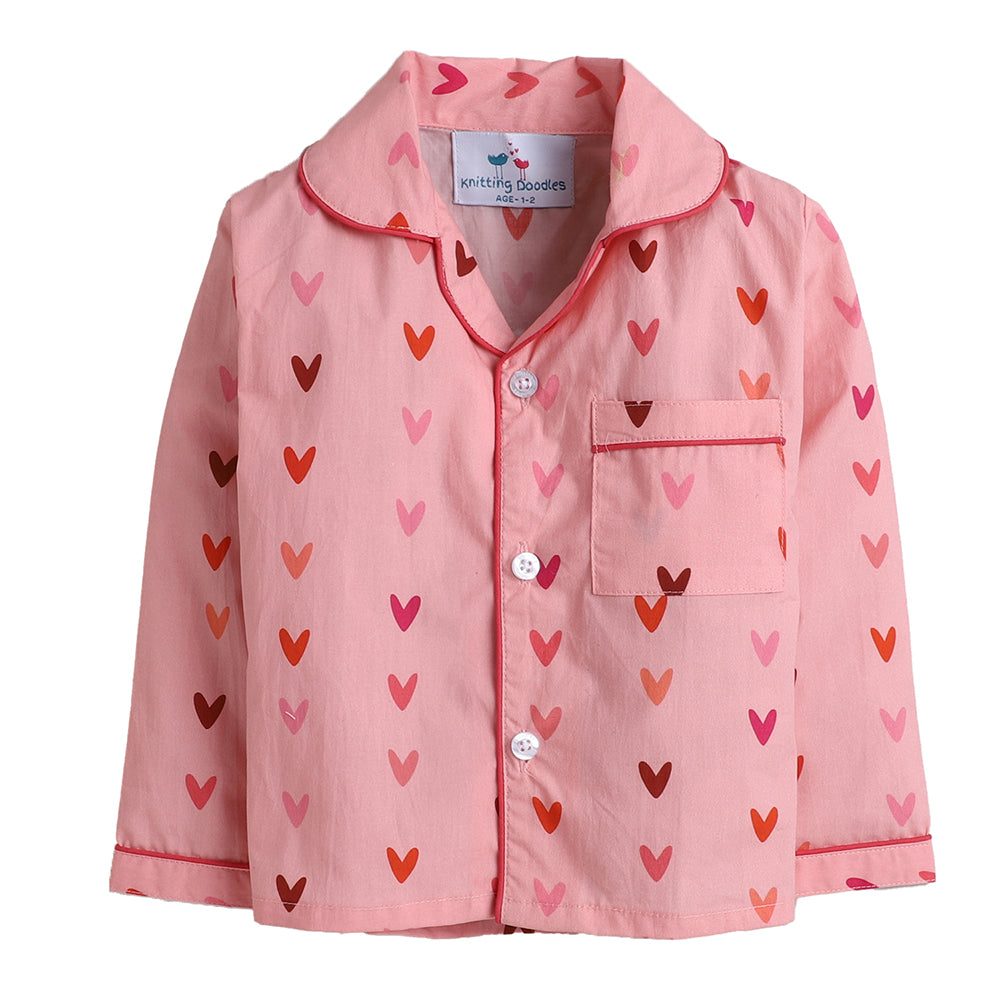 Knitting Doodles Hearts Print Night Suit- Pink