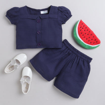 Blue Coord Set With Shorts And Button Detailing