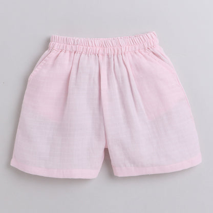 Knitting Doodles Pure Cotton Girls' Pink Coord Set With Shorts And Button Detailing- Pink