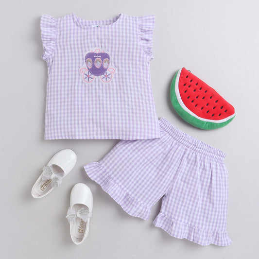 Knitting Doodles Pure Cotton Girls' Purple And White Checks Coord Set With Shorts And Cute Princess Carriage Embroidery-  Purple And White