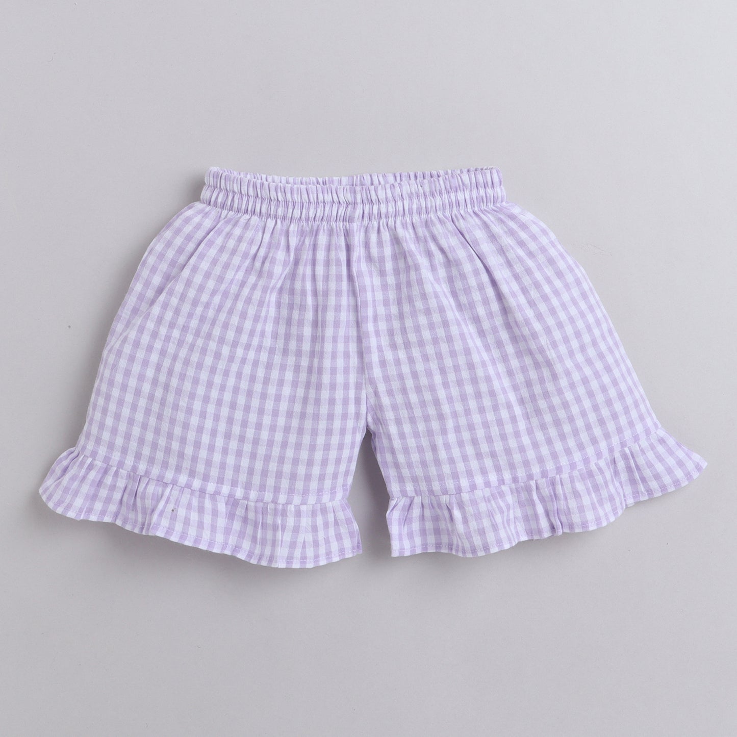 Knitting Doodles Pure Cotton Girls' Purple And White Checks Coord Set With Shorts And Cute Princess Carriage Embroidery-  Purple And White