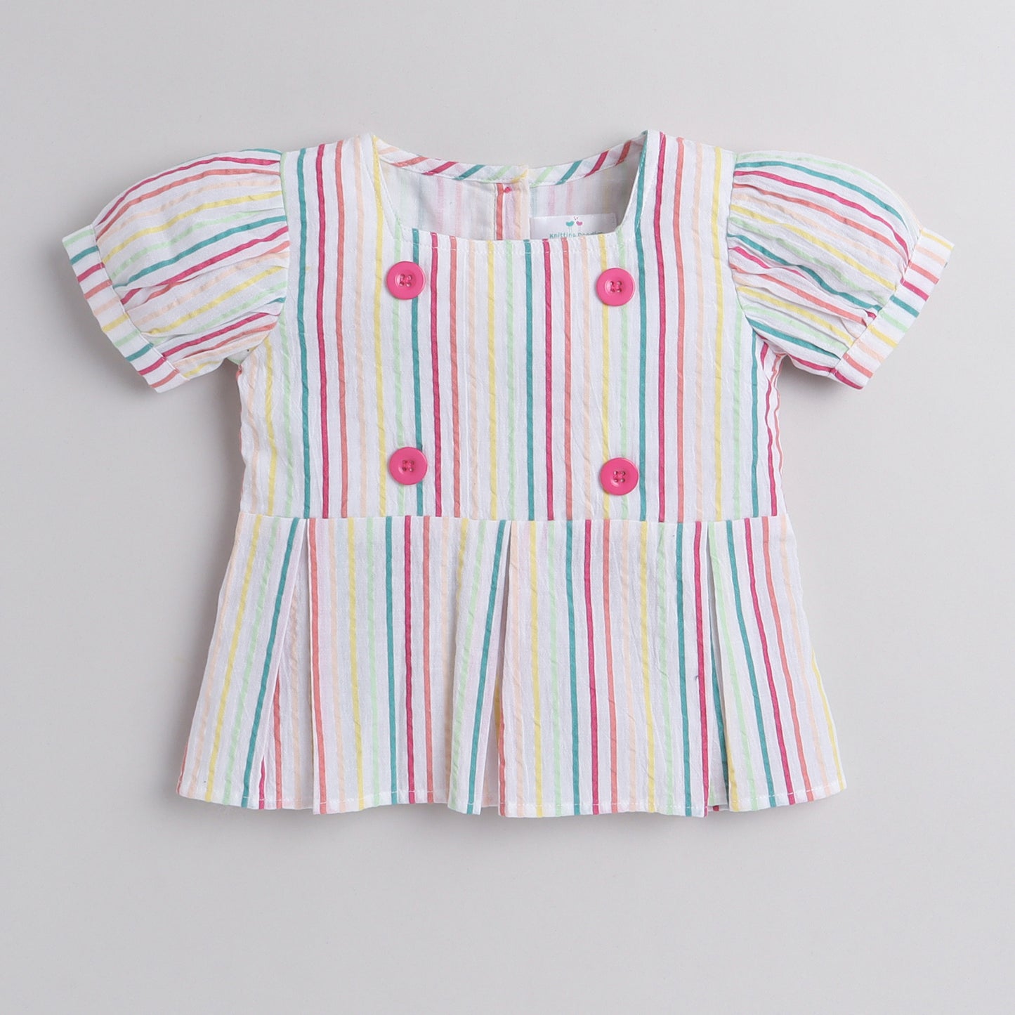Knitting Doodles Pure Cotton Girls' Rainbow Stripes Coord Set With Pants And Buttons Detailing-  Multi